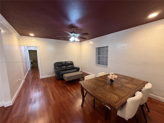 1435 NE 182nd St, North Miami Beach, FL 33162 - dining room featuring dark wood-type flooring, ornamental molding, baseboards, and ceiling fan