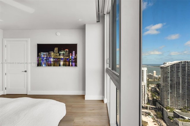 92 SW 3rd St Unit 5204, Miami, FL 33130 - bedroom featuring wood finished floors, a city view, and baseboards