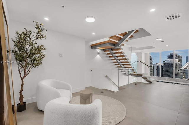 92 SW 3rd St Unit 5204, Miami, FL 33130 - sitting room featuring baseboards, recessed lighting, stairs, and a view of city