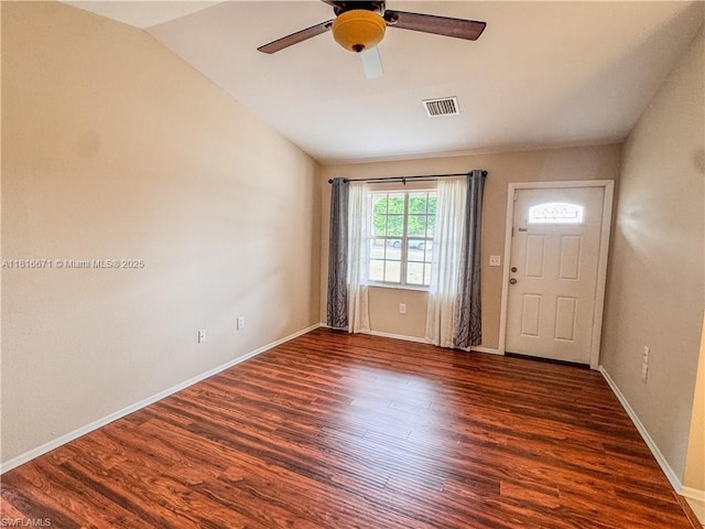 2016 Mariner Ct, La Belle, FL 33935 - entrance foyer with wood finished floors, a ceiling fan, baseboards, and vaulted ceiling