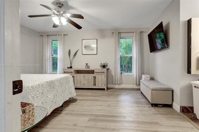 4760 SW 57th Ave, Davie, FL 33314 - bedroom with light wood-style flooring, multiple windows, baseboards, and a ceiling fan