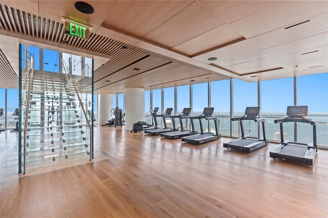 300 Biscayne Blvd Way Unit 3506, Miami, FL 33131 - gym featuring a wall of windows, wood finished floors, and plenty of natural light
