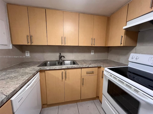 7000 NW 17th St Unit 218, Plantation, FL 33313 - kitchen with white appliances, a sink, under cabinet range hood, and light tile patterned flooring