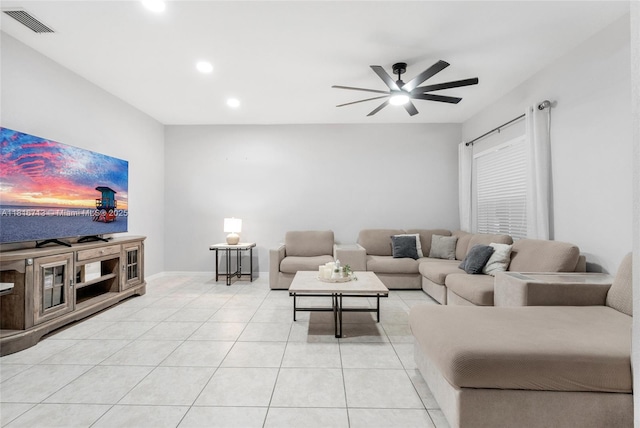 14063 SW 49th Ct Unit 4, Miramar, FL 33027 - living room with recessed lighting, ceiling fan, light tile patterned flooring, and baseboards