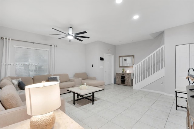 14063 SW 49th Ct Unit 4, Miramar, FL 33027 - living room featuring stairway, a ceiling fan, recessed lighting, and light tile patterned floors
