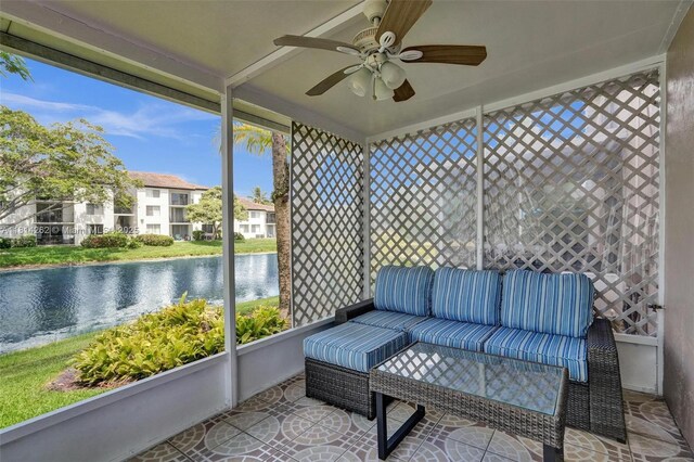 2388 NW 97th Way, Pembroke Pines, FL 33024 - sunroom with a water view, a ceiling fan, and an outdoor living space
