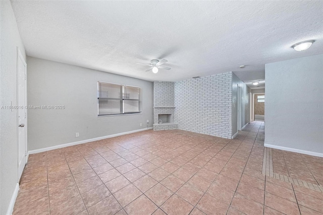 6359 SW 1st St, Margate, FL 33068 - unfurnished living room with ceiling fan, a textured ceiling, light tile patterned floors, a fireplace, and brick wall