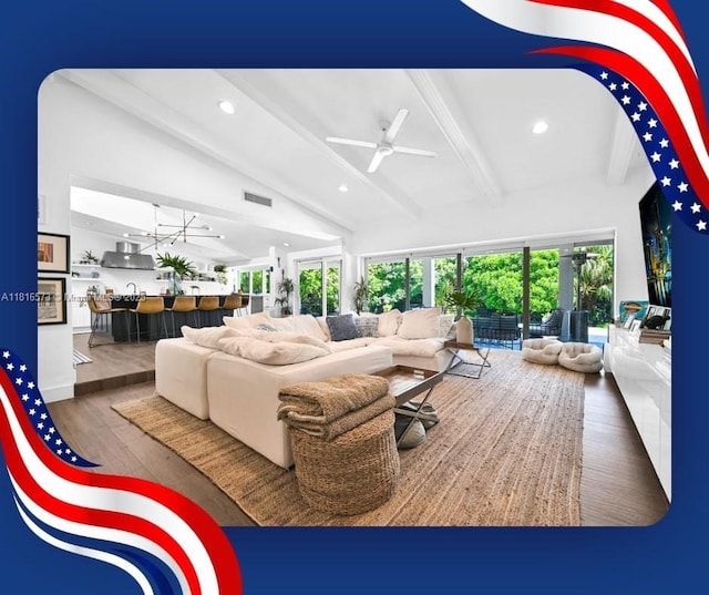 7761 SW 170th St, Palmetto Bay, FL 33157 - living area with a ceiling fan, wood finished floors, and recessed lighting