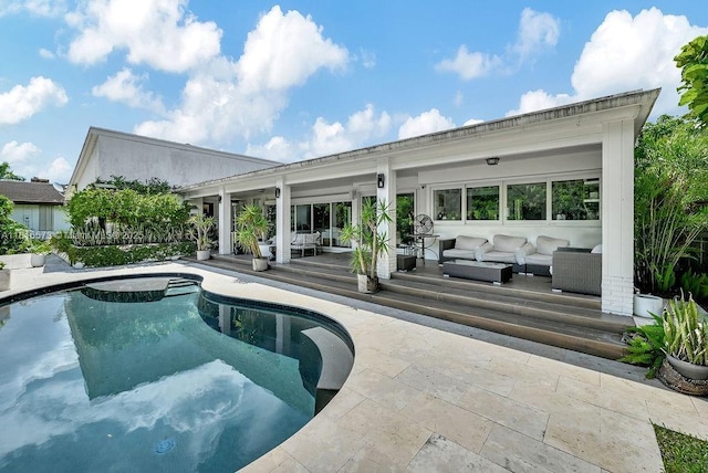 7761 SW 170th St, Palmetto Bay, FL 33157 - swimming pool featuring an outdoor living space, a wooden deck, and a patio