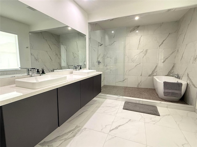 8167 NW 45th St, Doral, FL 33166 - full bath featuring marble finish floors, a marble finish shower, double vanity, a freestanding tub, and recessed lighting