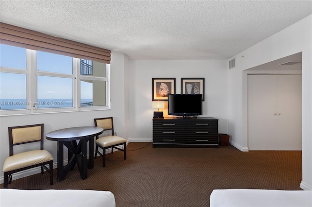 17375 Collins Ave Unit 1908, Sunny Isles Beach, FL 33160 - bedroom with dark carpet, baseboards, and a textured ceiling