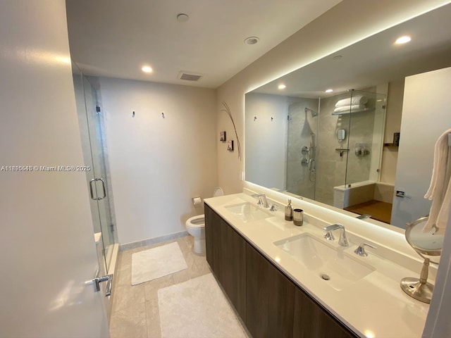 488 NE 18th St Unit 3911, Miami, FL 33132 - bathroom with a stall shower, recessed lighting, double vanity, and tile patterned flooring