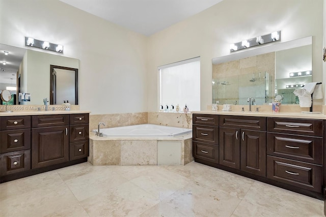 18825 N Bay Rd, Sunny Isles Beach, FL 33160 - bathroom with a shower stall, two vanities, a bath, and tile patterned flooring