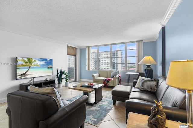 3725 S Ocean Dr Unit 1224, Hollywood, FL 33019 - tiled living area with ornamental molding, a textured ceiling, and baseboards
