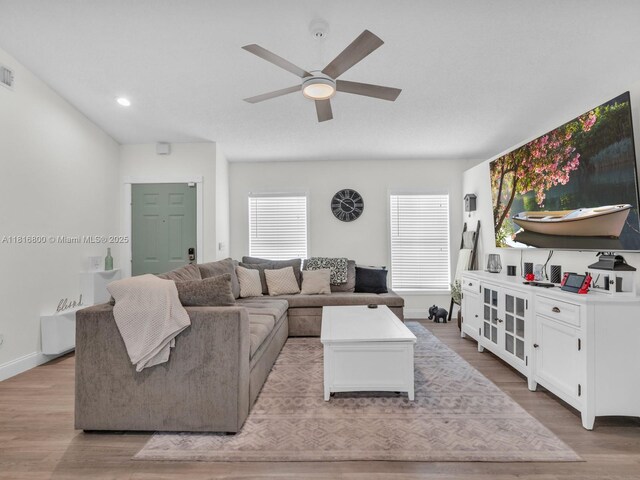 18424 NW 21st St, Pembroke Pines, FL 33029 - living area with ceiling fan, light wood-style floors, baseboards, and recessed lighting