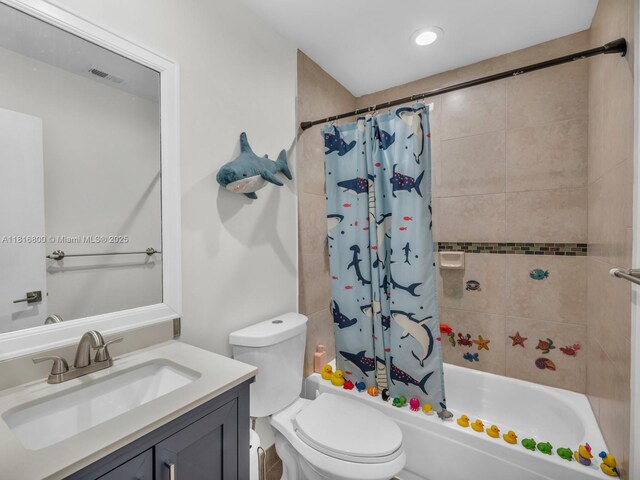 18424 NW 21st St, Pembroke Pines, FL 33029 - bathroom with vanity, toilet, shower / bathtub combination with curtain, and recessed lighting