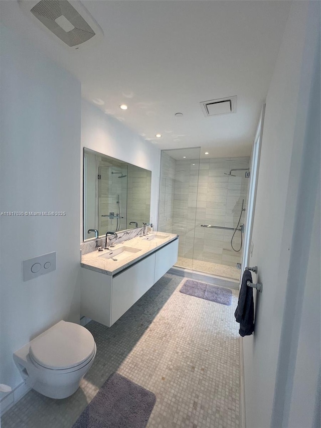 700 NE 26th Ter Unit 2004, Miami, FL 33137 - full bath featuring a shower stall, double vanity, toilet, tile patterned floors, and recessed lighting
