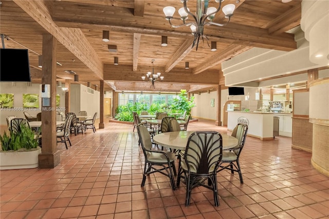 1000 Quayside Ter Unit 1107, Miami, FL 33138 - dining area featuring a chandelier, a wooden ceiling with exposed beams, and tile patterned floors