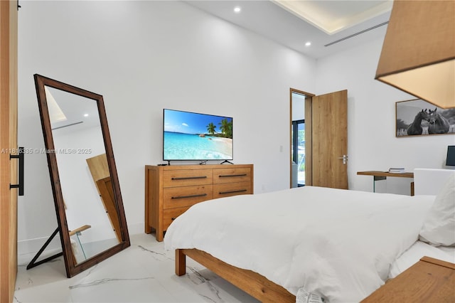 1902 Della Dr, Naples, FL 34117 - bedroom featuring recessed lighting, light marble finish flooring, baseboards, and a high ceiling