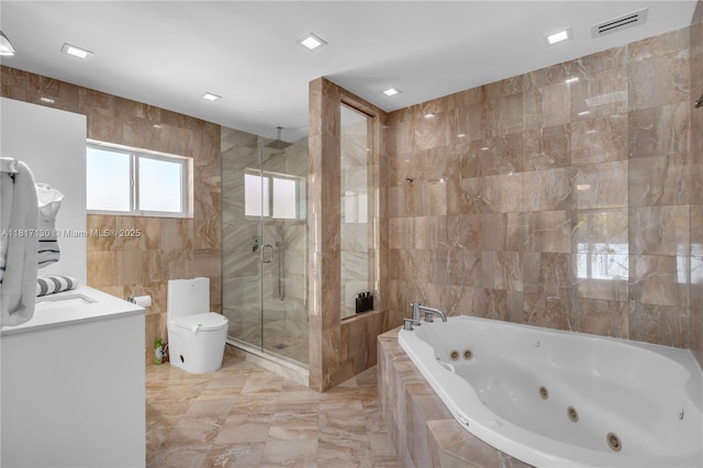 1045 Hollywood Blvd, Hollywood, FL 33019 - bathroom featuring a shower stall, a jetted tub, marble tiled floors, toilet, and tile walls