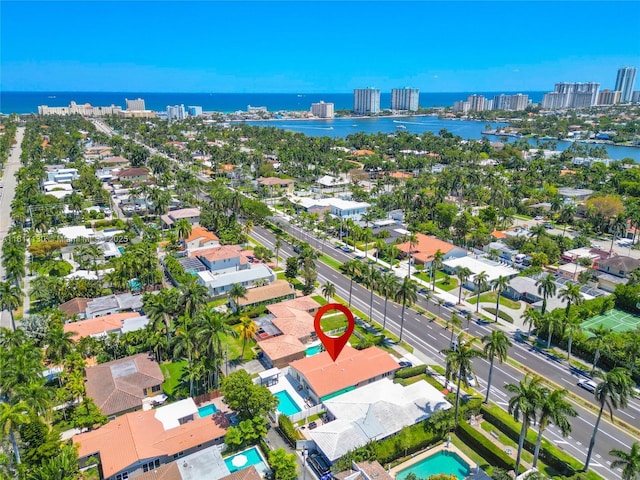 1045 Hollywood Blvd, Hollywood, FL 33019 - aerial view of property and surrounding area featuring a large body of water, a pool, and nearby urban area