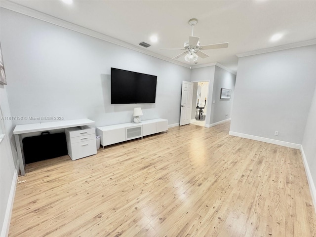 1136 SE Westminster Pl, Stuart, FL 34997 - unfurnished living room with ornamental molding, light wood-style floors, ceiling fan, baseboards, and recessed lighting