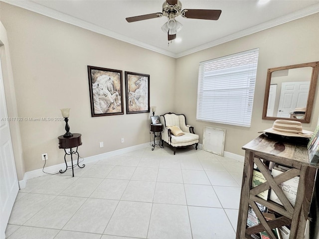 1136 SE Westminster Pl, Stuart, FL 34997 - sitting room featuring baseboards, a ceiling fan, ornamental molding, and light tile patterned floors