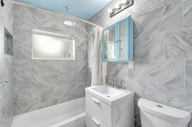 6336 SW 22nd St, Miramar, FL 33023 - bathroom featuring tile walls, vanity, shower / tub combo with curtain, and toilet