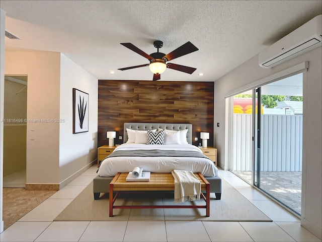 14945 SW 38th St, Miami, FL 33185 - bedroom with an AC wall unit, access to exterior, wooden walls, a textured ceiling, and recessed lighting