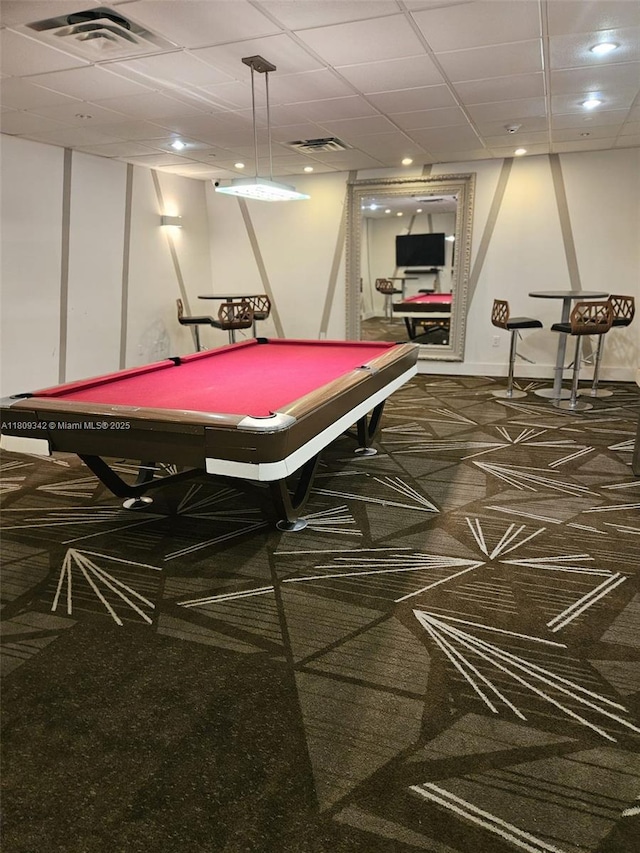 5701 E Collins Ave Unit Ph10, Miami Beach, FL 33140 - playroom with billiards table, carpet, a drop ceiling, and recessed lighting