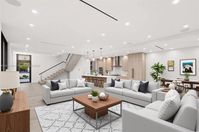 8811 SW 56th St, Miami, FL 33165 - living room with stairs, recessed lighting, and light wood finished floors