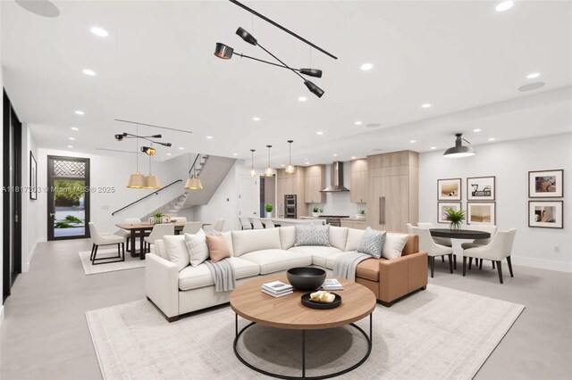 8811 SW 56th St, Miami, FL 33165 - living area with stairs, finished concrete floors, recessed lighting, and baseboards