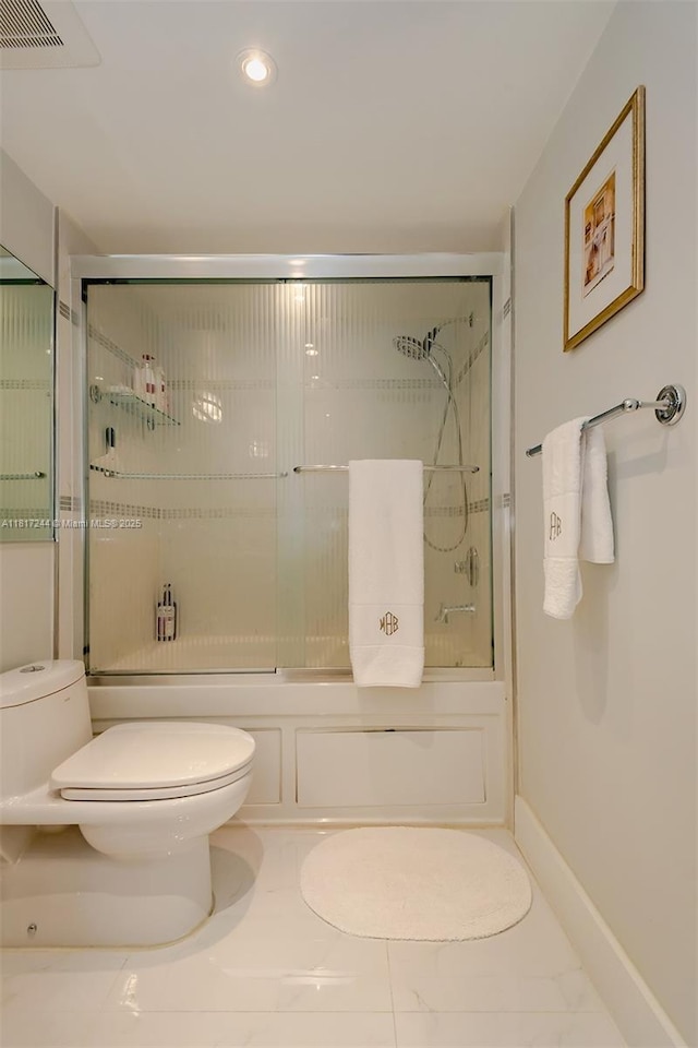 18151 NE 31st Ct Unit 1905, Aventura, FL 33160 - full bath with toilet, enclosed tub / shower combo, recessed lighting, marble finish floors, and baseboards