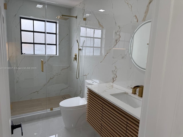 4314 SW 97th Ct, Miami, FL 33165 - bathroom featuring toilet, a marble finish shower, plenty of natural light, vanity, and tile walls