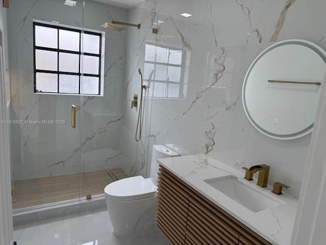 4314 SW 97th Ct, Miami, FL 33165 - full bath with vanity, toilet, a marble finish shower, and tile walls