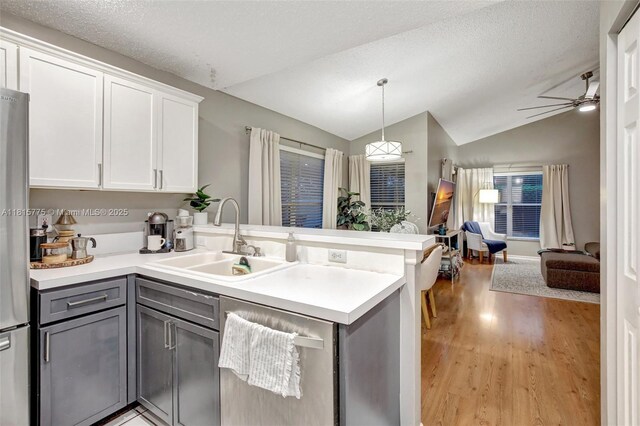 9012 Lake Park Cir S, Davie, FL 33328 - kitchen with a sink, gray cabinets, a peninsula, open floor plan, and light wood-style floors