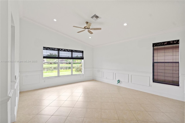 7215 Great Falls Cir, Boynton Beach, FL 33437 - spare room with a ceiling fan, recessed lighting, a wainscoted wall, lofted ceiling, and a decorative wall