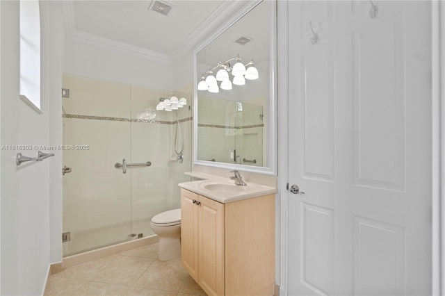 7215 Great Falls Cir, Boynton Beach, FL 33437 - full bathroom featuring crown molding, a stall shower, tile patterned floors, toilet, and vanity