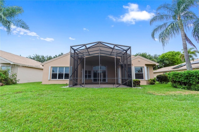 7215 Great Falls Cir, Boynton Beach, FL 33437 - rear view of house featuring stucco siding, a lawn, a patio, and a lanai