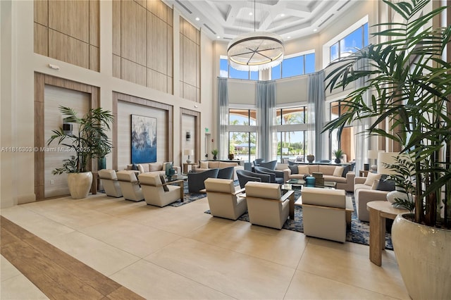 7215 Great Falls Cir, Boynton Beach, FL 33437 - building lobby featuring a towering ceiling, coffered ceiling, and beam ceiling