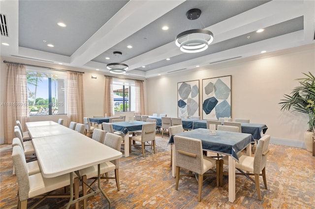 7215 Great Falls Cir, Boynton Beach, FL 33437 - dining room featuring a tray ceiling, recessed lighting, and baseboards