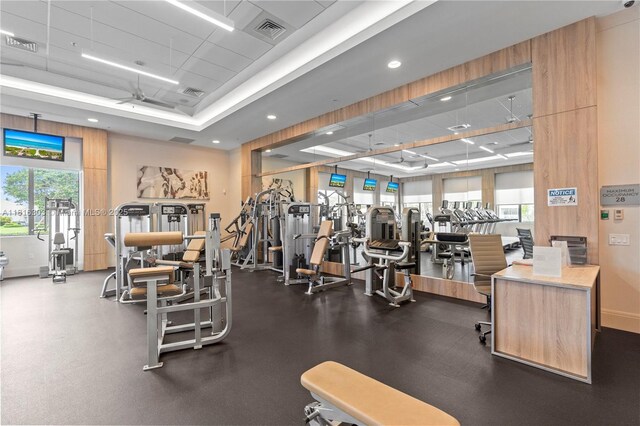7215 Great Falls Cir, Boynton Beach, FL 33437 - exercise room featuring a ceiling fan and recessed lighting