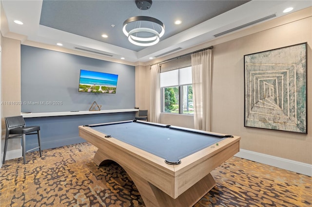 7215 Great Falls Cir, Boynton Beach, FL 33437 - game room with a tray ceiling, recessed lighting, billiards, and carpet floors