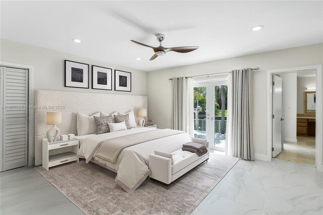 12985 Ortega Ln, North Miami, FL 33181 - bedroom featuring access to outside, light marble finish floors, recessed lighting, ceiling fan, and baseboards