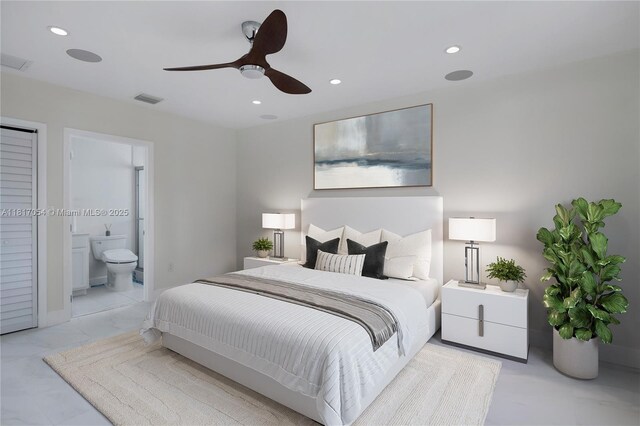 12985 Ortega Ln, North Miami, FL 33181 - bedroom featuring recessed lighting, ceiling fan, and connected bathroom