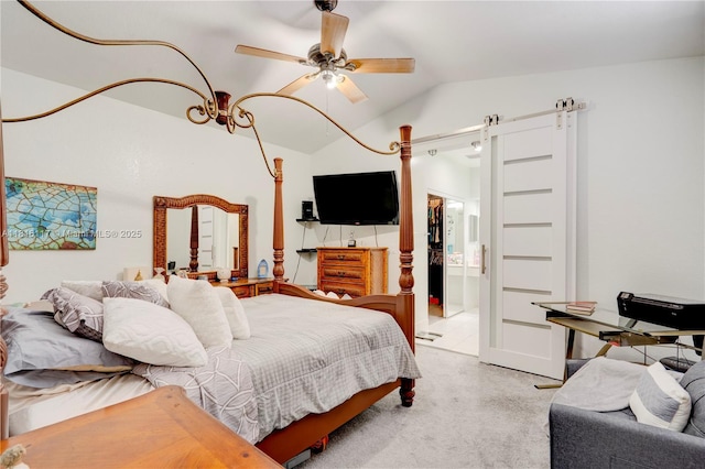 1100 SE 19th Ave, Homestead, FL 33035 - bedroom featuring lofted ceiling, light carpet, a barn door, ceiling fan, and ensuite bath