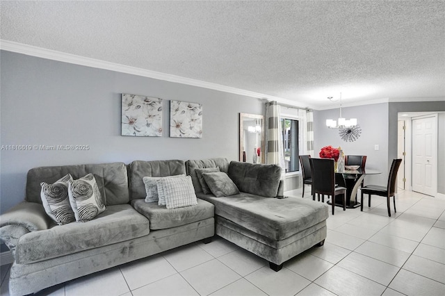 14001 SW 91st Ter Unit 14001, Miami, FL 33186 - living room featuring a chandelier, light tile patterned floors, ornamental molding, and a textured ceiling