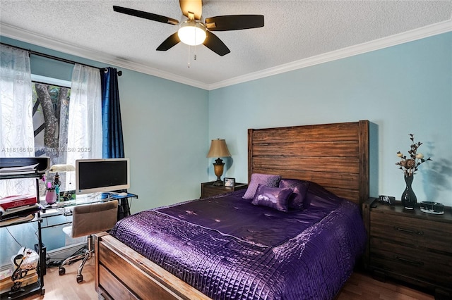14001 SW 91st Ter Unit 14001, Miami, FL 33186 - bedroom with wood finished floors, ornamental molding, a textured ceiling, a desk, and ceiling fan