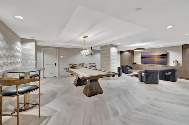 7000 Island Blvd Unit 1701, Aventura, FL 33160 - recreation room with a tray ceiling, recessed lighting, billiards, and decorative columns