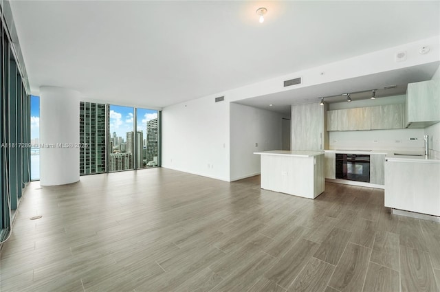 3131 NE 7th Ave Unit 3101, Miami, FL 33137 - unfurnished living room featuring wood finished floors, a sink, track lighting, and floor to ceiling windows